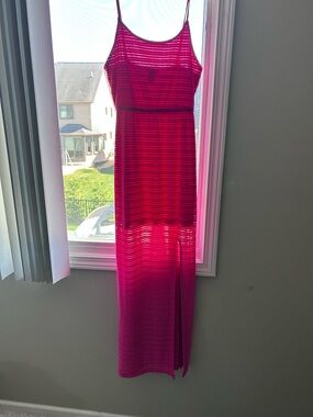 VENUS Hot Pink Strappy Maxi Dress with Sheer Stripe Overlay